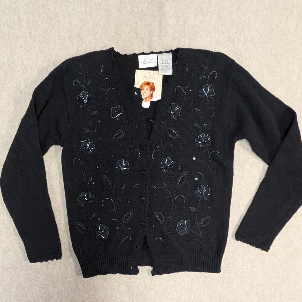 NWT* Vintage Kathie Lee Black Embellished Cardigan Cotton & Ramie Sz Large(Med)